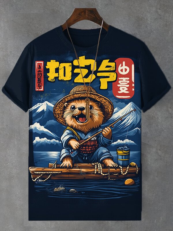 Men's Otter Fishing Japanese Art Print Casual T-Shirt