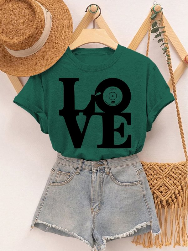 Women's Love Vinyl Record Music Art Print Cotton Casual T-Shirt