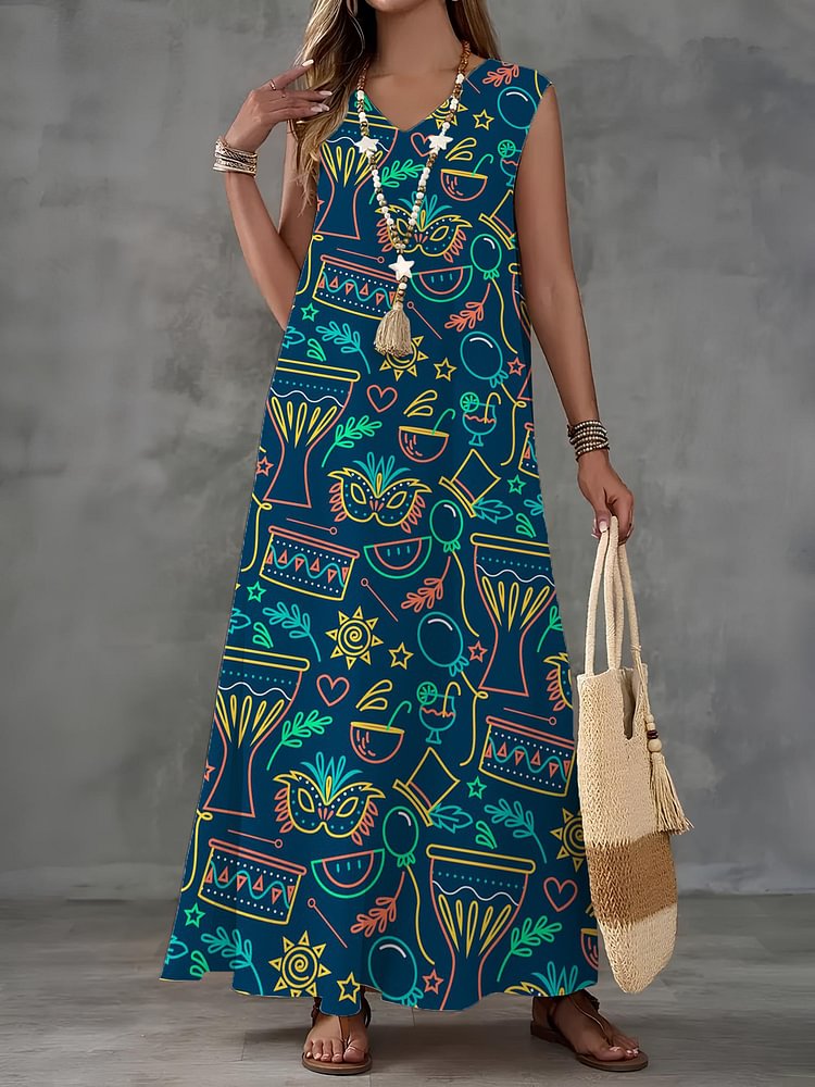Women's Carnival in Brazil Cartoon Graphic Print V Neck Sleeveless Maxi Dress