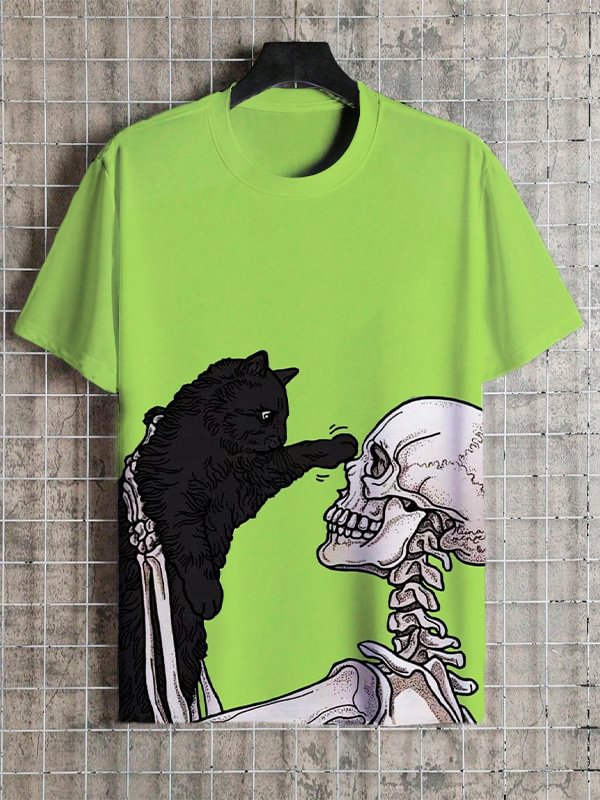 Men's Skeleton and Black Cat Art Print Casual T-Shirt