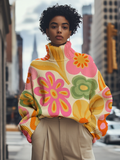 Women's Colorful Flowers Art Print High Neck Knit Sweatshirt