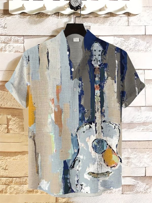 Men's Blues Music Oil Painting Print Linen Blend Casual Shirt