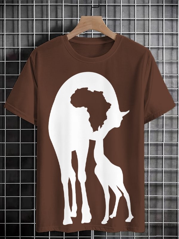 Men's Retro Cute Giraffe Africa Map Silhouette Print Cotton Casual T-Shirt