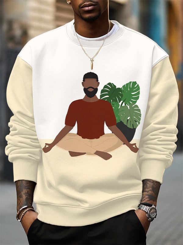 Men's Plant Lover Meditation Color Splice Print Casual Sweatshirt