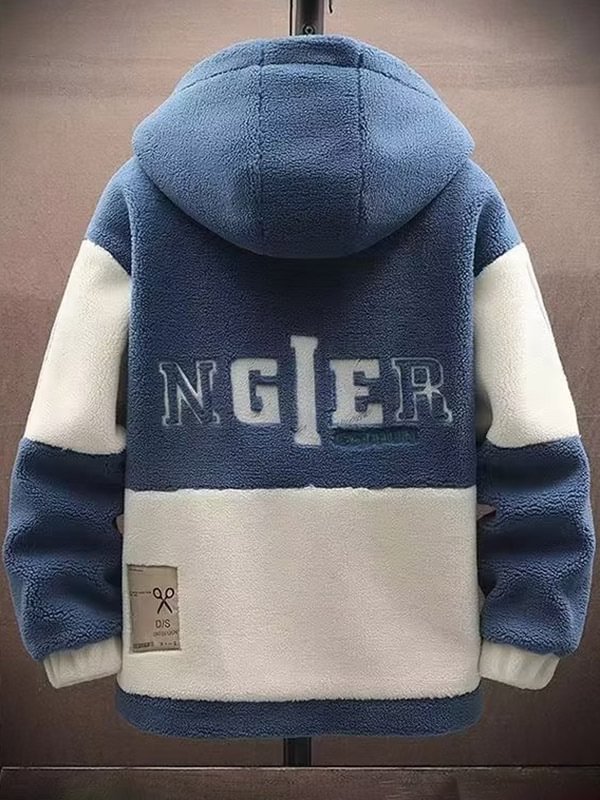Men's Casual Colorblock Slant Pocket Hooded Zip Up Sherpa Jacket