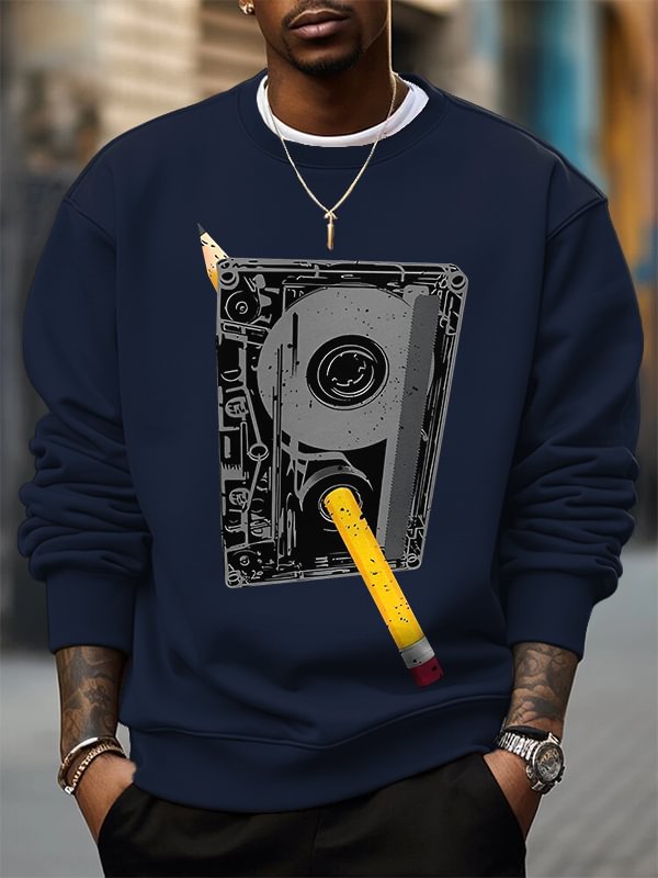 Men's Cassette Tape And Pencil Retro Art Print Cotton Casual Sweatshirt