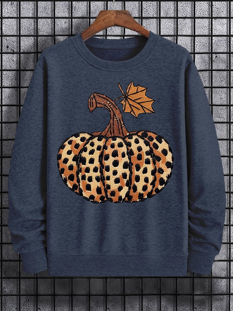Men's Pumpkin Leopard Embroidery Print Cotton Casual Sweatshirt