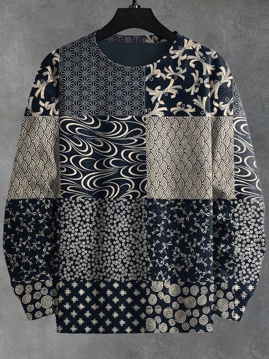 Men's Japanese Art Patchwork Ditsy Floral Ripple Pattern Print Casual Sweatshirt