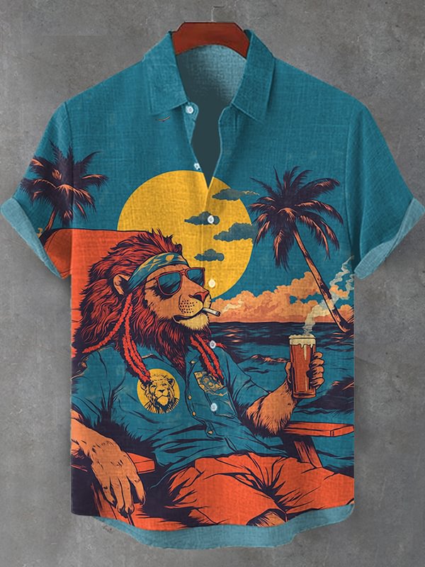 Men's Chilling Smoking Beer Lion Vacation Art Print Shirt