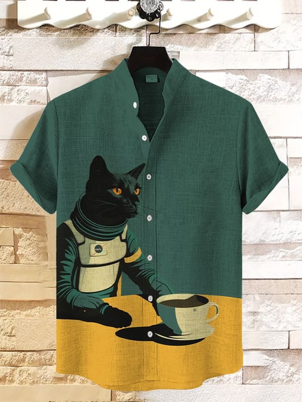 Men's Retro Black Cat Astronaut And Coffee Art Print Casual Shirt
