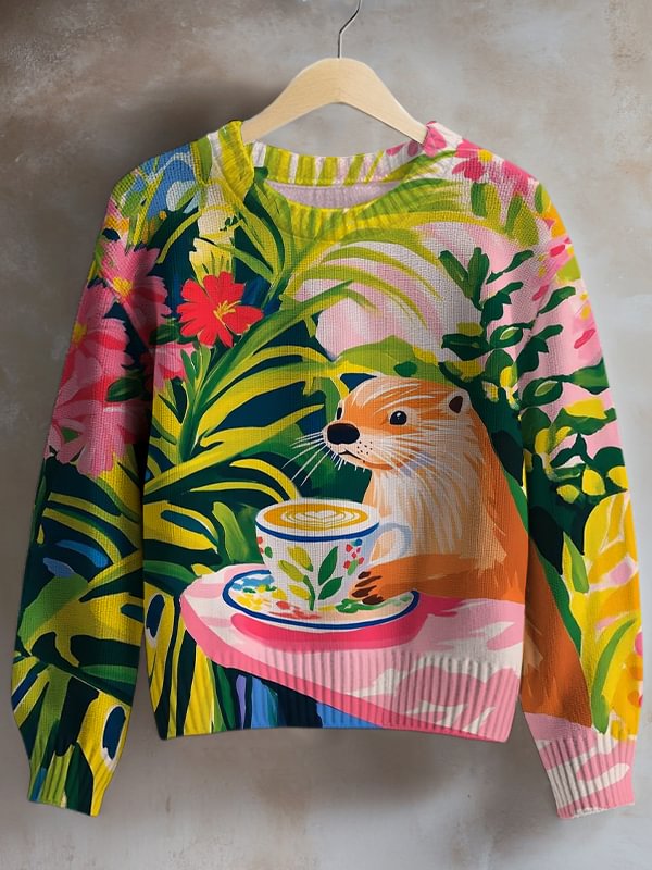 Women's Otter Drinking Coffee Art Print Knit Sweatshirt