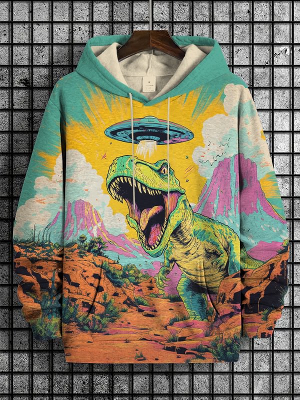 Men's Dinosaurs And UFO Art Print Hooded Sweatshirt