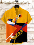 Men's Retro Color Block Splicing Art Trumpeter Abstract Print Short Sleeve Linen Blend Shirt
