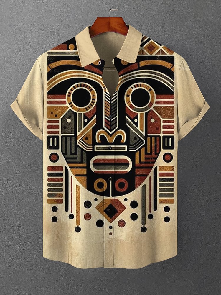 Men's Retro Africa Abstract Face Art Print Casual Short Sleeve Shirt