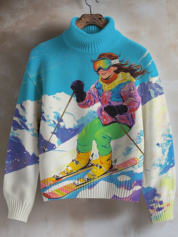 Women's Girls Skiing Art Print High Neck Knit Sweatshirt