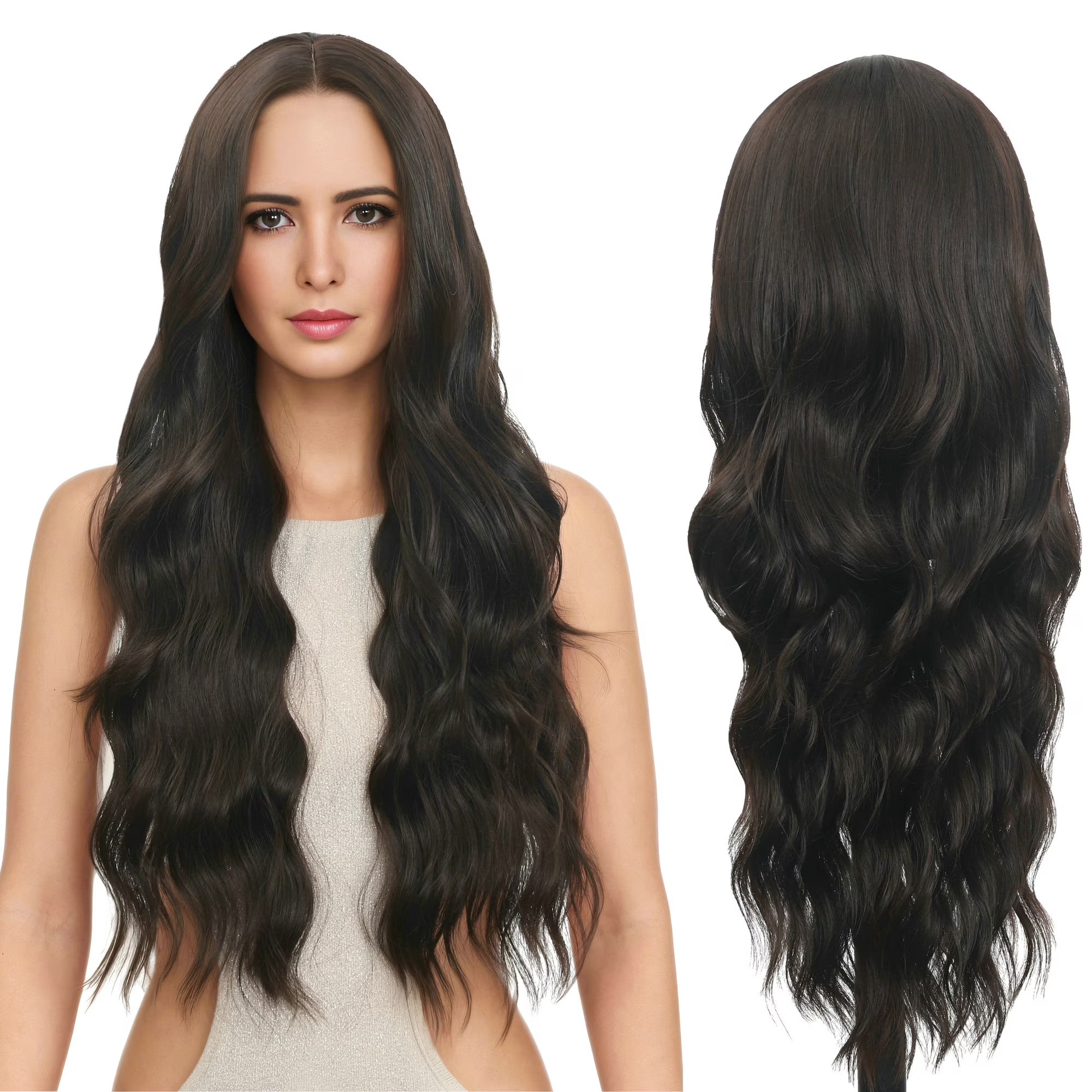 30 inches Long Wavy Front HD Lace Wig with Dark Brown Synthetic Hair for Women Daily Cosplay Halloween