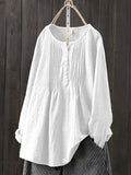 Women's Crinkle Chest Long Sleeve Round Neck Loose Blouse