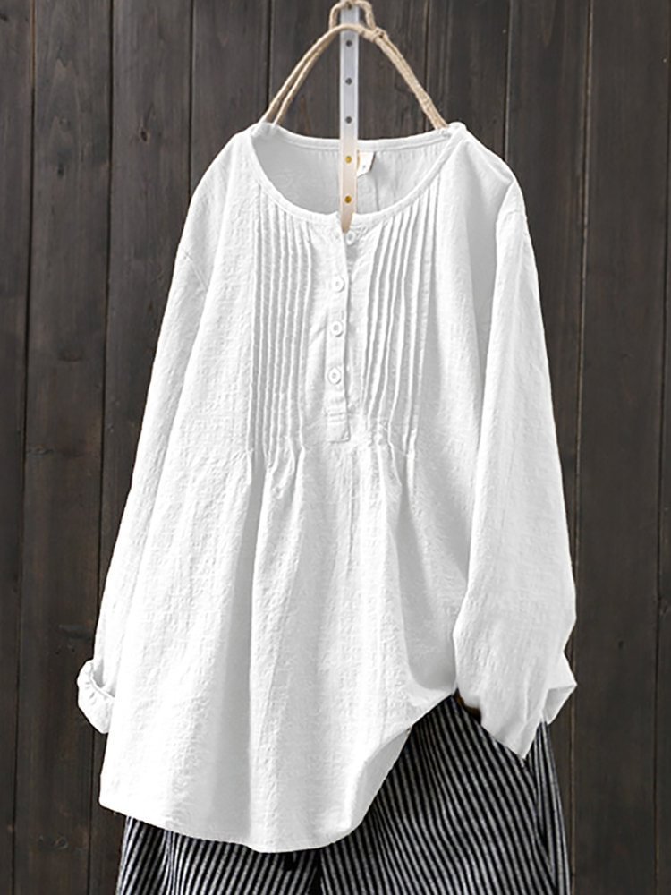 Women's Crinkle Chest Long Sleeve Round Neck Loose Blouse