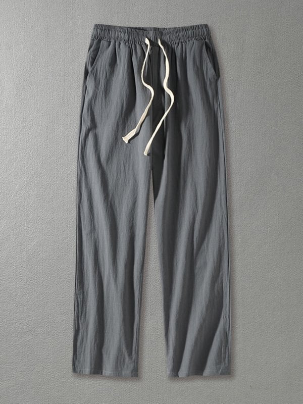 Men's Drawstring Elastic Waist Pocket Cotton Linen Casual Wide Leg Pants
