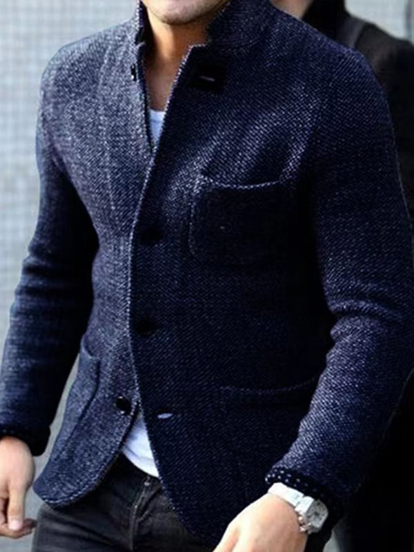 Men's Business Casual Slim Stand Collar Single Breasted Pocket Knit Jacket