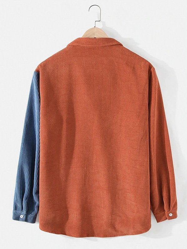 Men's Contrast Color Chest Pocket Turndown Collar Corduroy Shirt