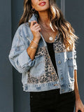 Women's Leopard Print Stitching Ripped Denim Jacket