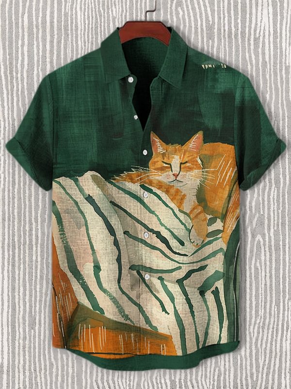 Men's Sleeping Cat Funny Print Casual Shirt