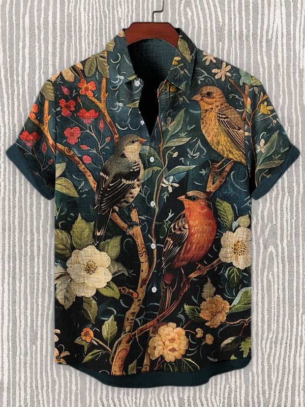 Men's Vintage Bird Robin and Sparrow Print Linen Blend Shirt
