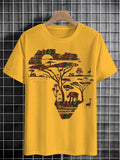 Men's Africa Map Silhouette Traditional Pattern Plains Animal Silhouettes Print Cotton Casual T-Shirt