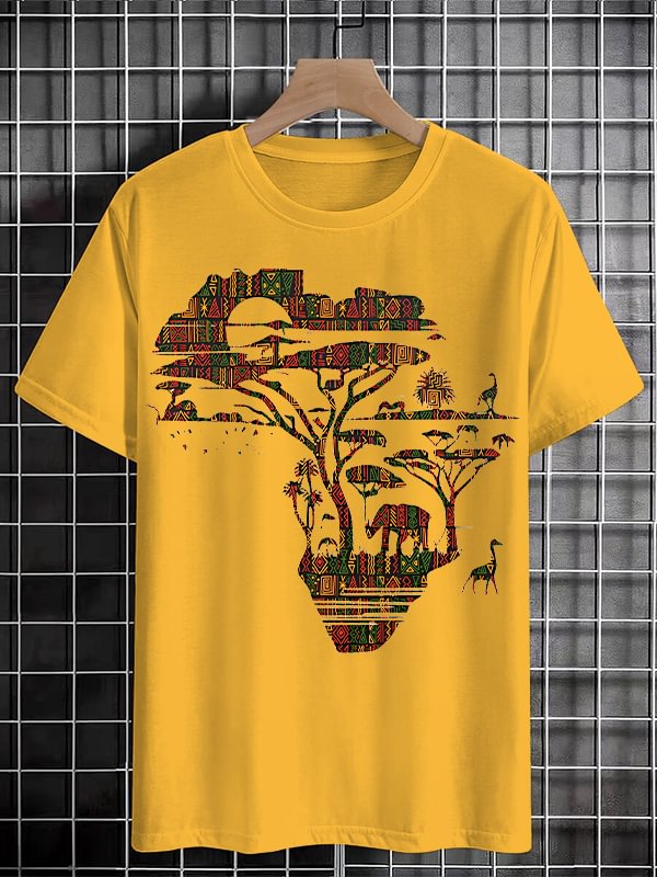 Men's Africa Map Silhouette Traditional Pattern Plains Animal Silhouettes Print Cotton Casual T-Shirt