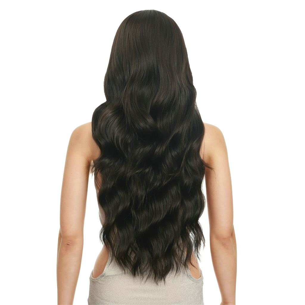 30 inches Long Wavy Front HD Lace Wig with Dark Brown Synthetic Hair for Women Daily Cosplay Halloween