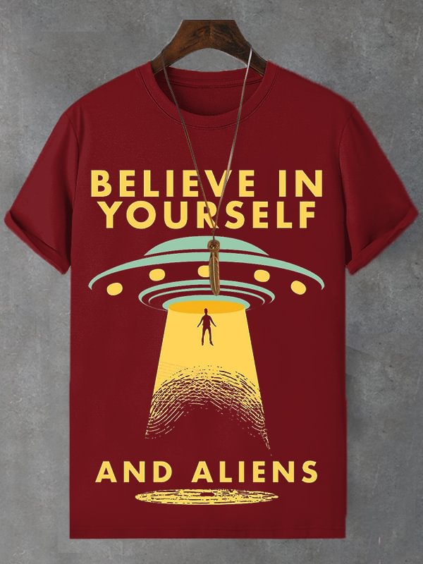 Men's UFO Aliens Believe In Yourself Print Cotton Casual T-Shirt