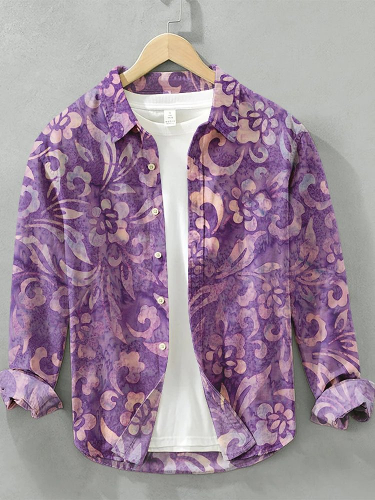 Men's Batik Floral Art Print Long Sleeve Shirt