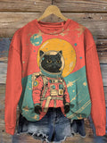 Women's Black Cat Astronaut Color Block Art Print Casual Sweatshirt