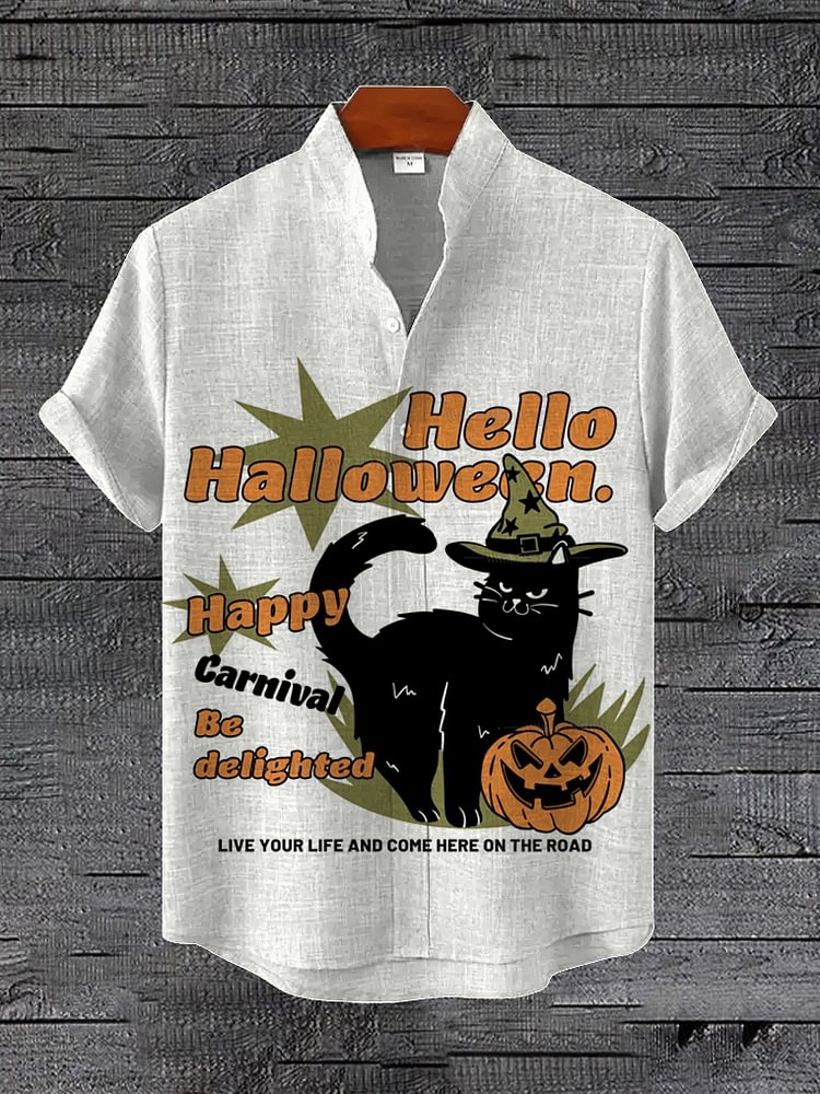 Men's Happy Carnival Be Delighted Cat Pumpkin Hello Halloween Print Shirt