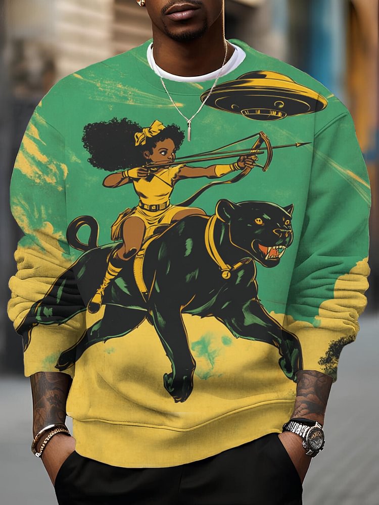 Men's Black Girl Riding A Black Panther Shooting UFO Art Print Casual Sweatshirt