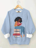 Women's Black Girl Enjoying Reading Print Casual Sweatshirt