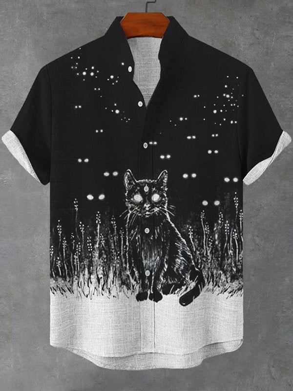 Men's Scary Cat Lots Of Eyes Art Print Linen Blend Shirt