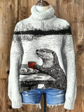 Women's Otter Sushi Coffee Woodcut Art Print High Neck Knit Sweatshirt