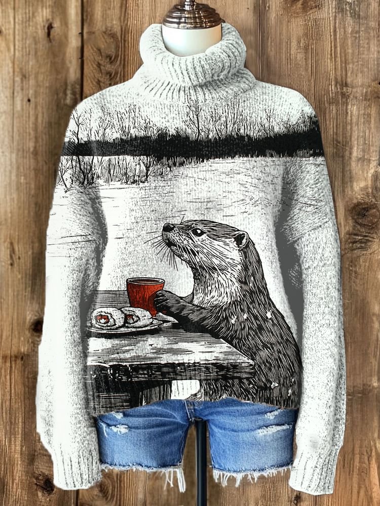 Women's Otter Sushi Coffee Woodcut Art Print High Neck Knit Sweatshirt