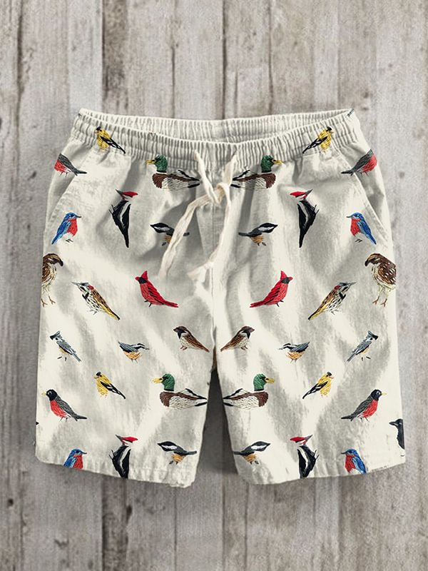 Men's Cute Bird Collector Embroidery Art Print Casual Shorts