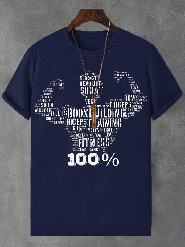 Men's Body Buiding Fitness Print Cotton Casual T-Shirt