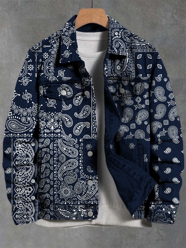 Men's Vintage Paisley Patterns Print Denim-Like Long Sleeve Shirt