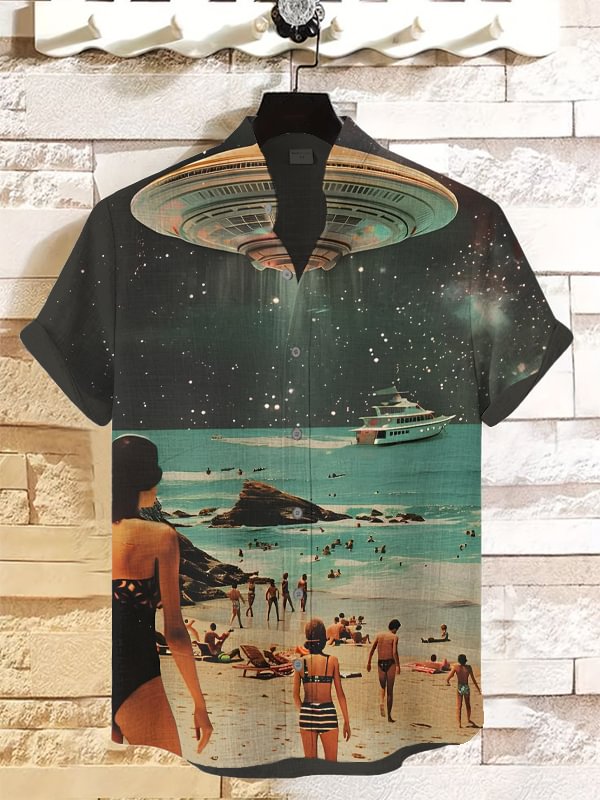 Men's Vacation Beach UFO Vintage Print Shirt