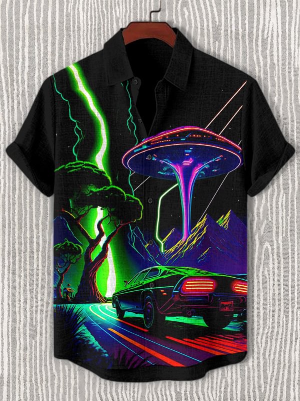 Men's Fantasy Car Meet UFO Art Print Casual Shirt