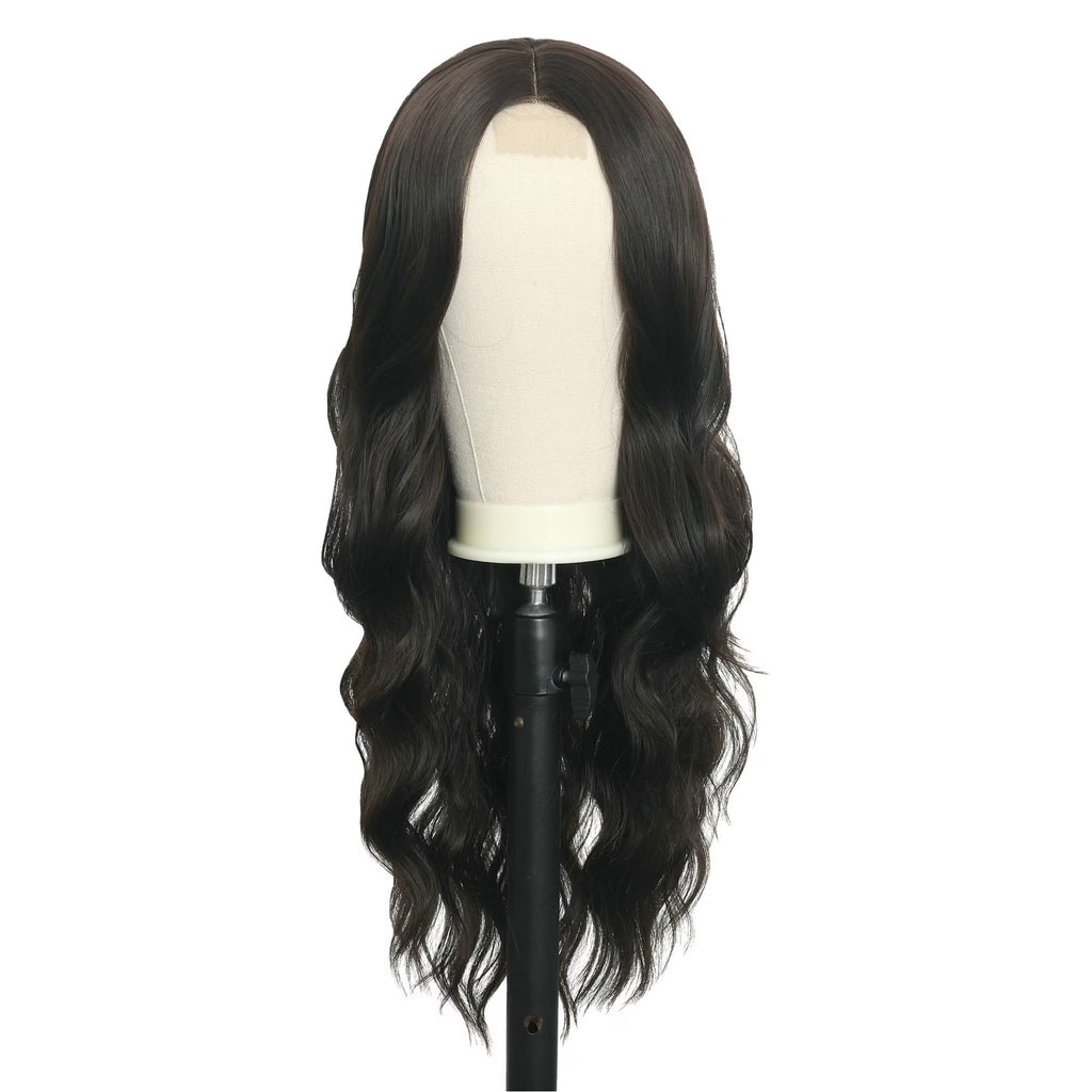 30 inches Long Wavy Front HD Lace Wig with Dark Brown Synthetic Hair for Women Daily Cosplay Halloween