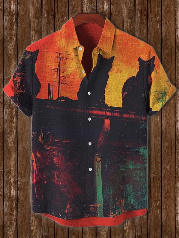 Men's Mysterious Cats Overlook the Scenery Art Print Short Sleeve Shirt