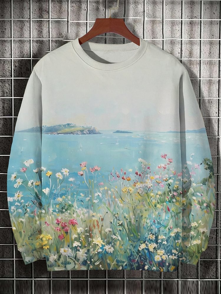 Men's Colorful Flower Field Coastal Painting Print Casual Sweatshirt