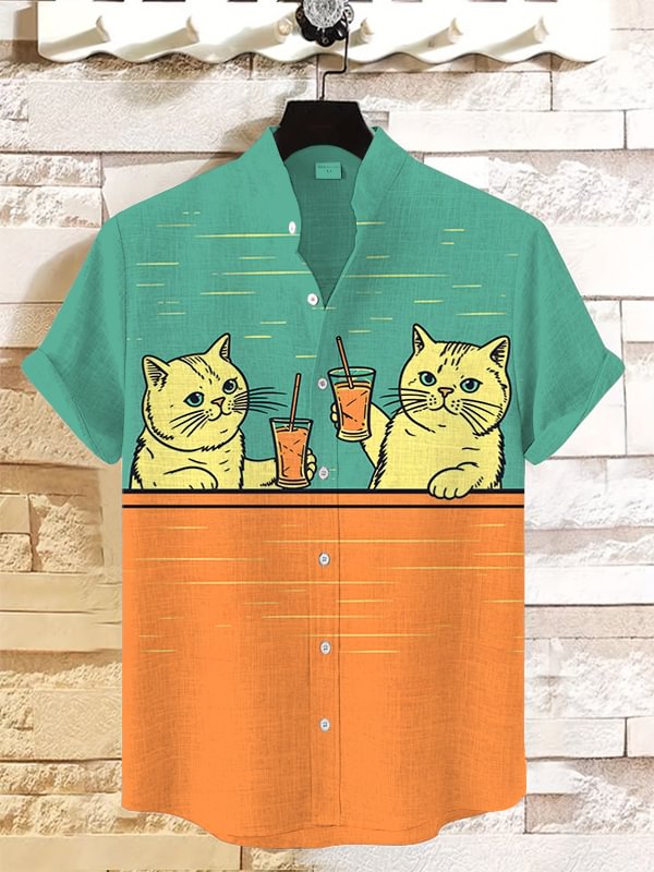Men's Cocktail Cheers Vintage Style Illustration Print Linen Blend Shirt