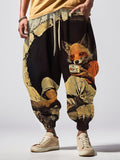 Men's Fox Drinking Tea In The Forest Print Loose Drawstring Waist Sweatpants